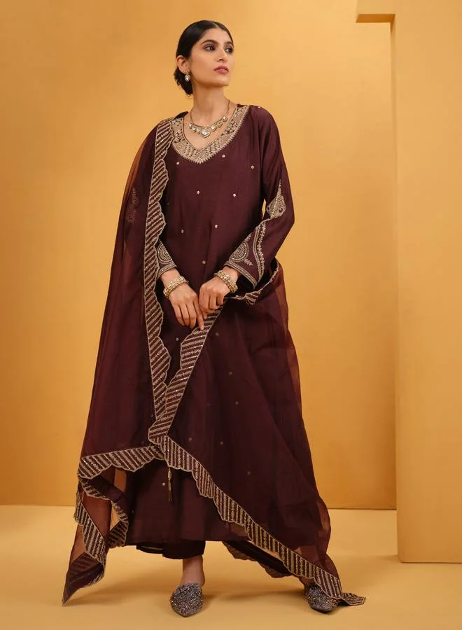 ISHIN Women's Brown Silk Blend Embellished A-Line Tunic Upperwear Calf Length Palazzo Bottomwear Flowy 3 Peice Kurta Set
