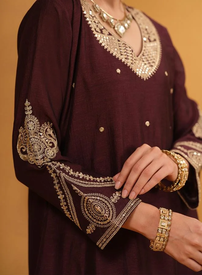 ISHIN Women's Brown Silk Blend Embellished A-Line Tunic Upperwear Calf Length Palazzo Bottomwear Flowy 3 Peice Kurta Set