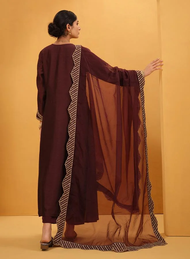 ISHIN Women's Brown Silk Blend Embellished A-Line Tunic Upperwear Calf Length Palazzo Bottomwear Flowy 3 Peice Kurta Set