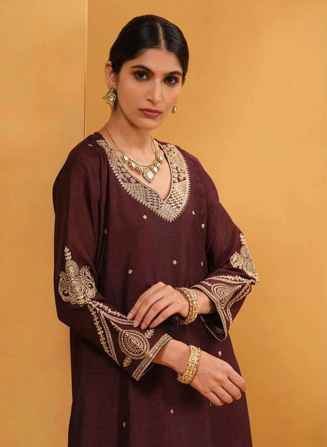 ISHIN Women's Brown Silk Blend Embellished A-Line Tunic Upperwear Calf Length Palazzo Bottomwear Flowy 3 Peice Kurta Set