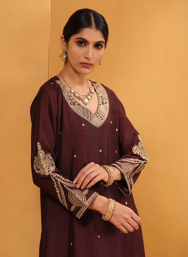 ISHIN Women's Brown Silk Blend Embellished A-Line Tunic Upperwear Calf Length Palazzo Bottomwear Flowy 3 Peice Kurta Set - Image 3