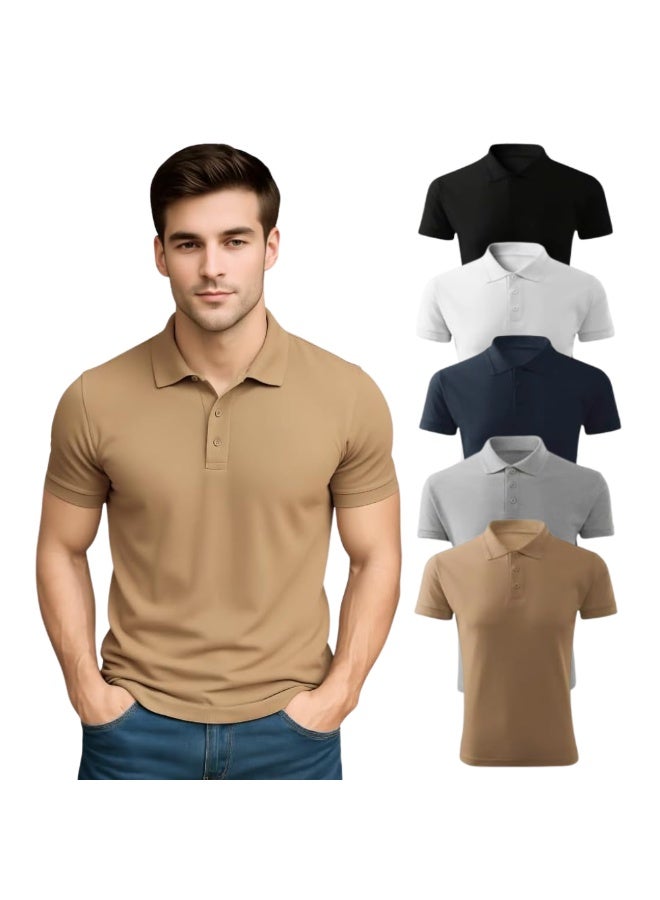 برينت شوب فور مي طقم تيشيرتات بولو رجالية (5 قطع) | تيشيرتات بولو قطنية بأكمام قصيرة وياقة | تيشيرتات كاجوال مناسبة للعمل والسفر والأنشطة الخارجية والاستخدام اليومي - Image 1