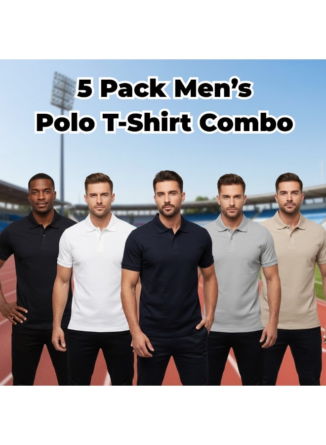 برينت شوب فور مي طقم تيشيرتات بولو رجالية (5 قطع) | تيشيرتات بولو قطنية بأكمام قصيرة وياقة | تيشيرتات كاجوال مناسبة للعمل والسفر والأنشطة الخارجية والاستخدام اليومي - Image 2