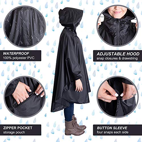 Lingito Heavy Duty Rain Poncho for Backpacking, Waterproof Lightweight for Adults, Military, Emergency, Camping, Men, Women (Adult-Black) - Image 2