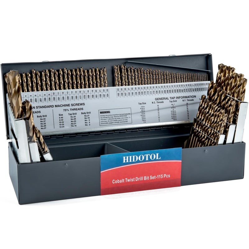 HIDOTOL 115PCS Cobalt Drill Bit Set M35 HSS for Hardened Steel Fractional 11612 Letter A Z Wire 1 60 with Indexed Metal Case