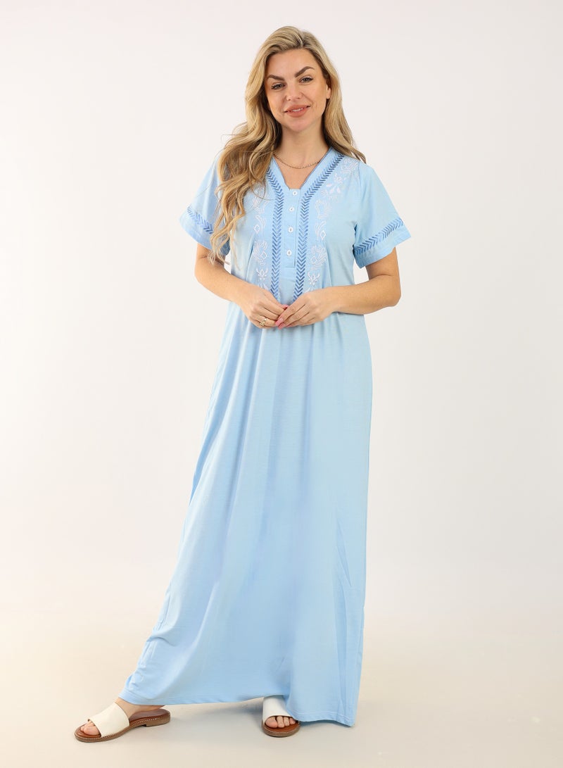 zecotex  Women's Long Cotton Nightgown (Dara'a) - 100% Natural Cotton with Royal Embroidery & Short Sleeves - Sky Blue. - Image 1