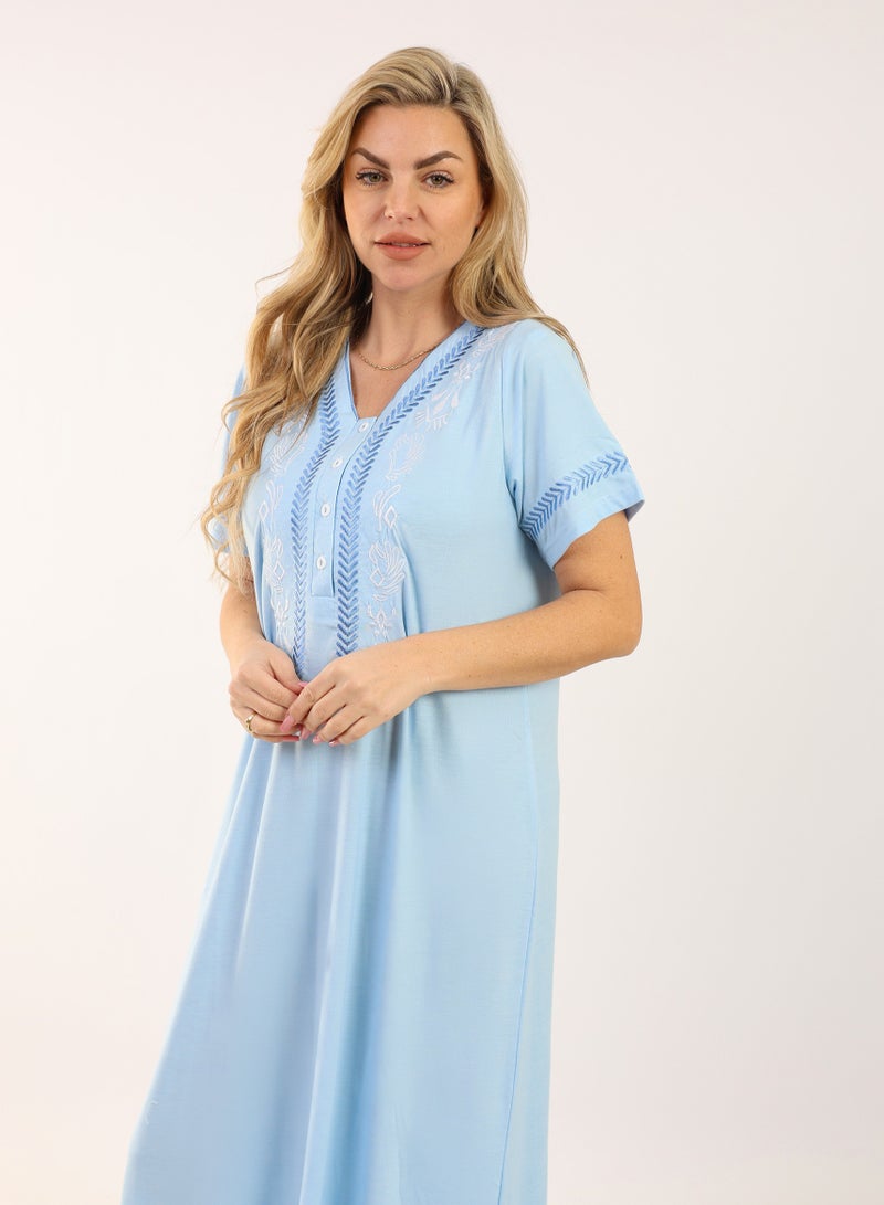 zecotex  Women's Long Cotton Nightgown (Dara'a) - 100% Natural Cotton with Royal Embroidery & Short Sleeves - Sky Blue. - Image 2