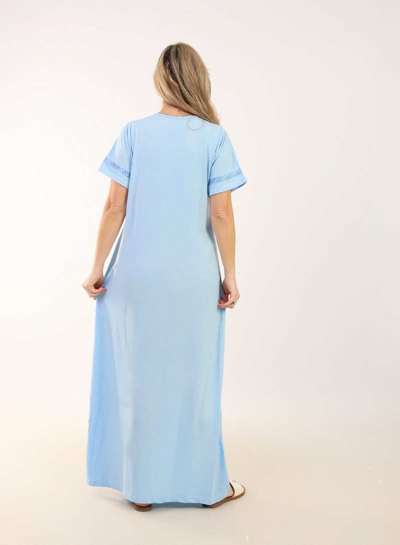 zecotex  Women's Long Cotton Nightgown (Dara'a) - 100% Natural Cotton with Royal Embroidery & Short Sleeves - Sky Blue. - Image 3