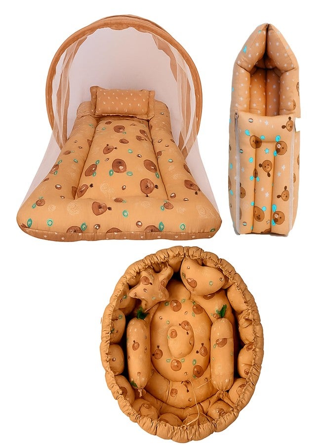 Kwitchy Baby Bed New Born Baby Bedding Set | Cotton | Carry Bags | Essential | Mosquito Net | Bed Combo | Gift Packs (Brown, 0-6 Months) (3PCS Set) - Image 1