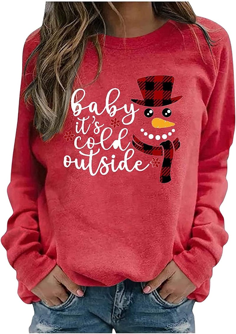 woobles Women Graphic T Shirt Tops 2021 Autumn Winter New Long-Sleeved Christmas O-Neck T-Shirt Ladies Daily Clothes Christmas Xmas Gifts Cute Christmassy Jumper Loose Oversize Girls Xmas Tops Casual - Image 1