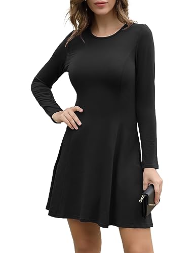 Aphratti Women's Long Sleeve Fall Dresses Casual Basic Crew Neck A-Line Fit and Flare Skater Dress Small Black - Image 1