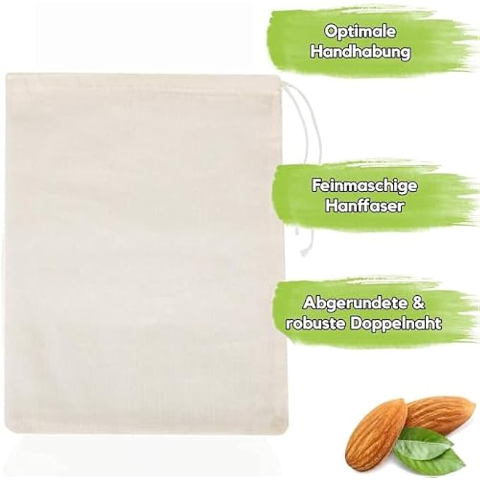 أكس سبرينج حقيبة موسلين قابلة لإعادة الاستخدام، 10 قطع من مصفاة الجبن الشبكية الدقيقة لحليب اللوز والزبادي، 20 × 25 سم، حقيبة حليب الجوز برباط لتصفية القهوة والشاي والعصير - Image 4