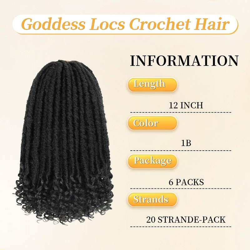 MODERN QUEEN 6 Packs Goddess Locs Crochet Hair, 12 Inch Straight Faux Locs Crochet Braids, Pre-Looped Curly Soft Synthetic Braiding Hair Extensions for Black Women(12 Inch, 6 Packs, 1B#) - Image 2