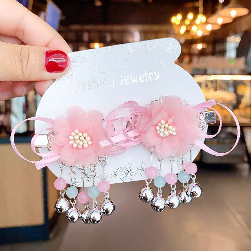 Generic Chinese Style Simple Flower Ribbon Bell Pendant Tassel Sweet Hair Accessories Headwear Cute Girl Antique Accessories Pink (ribbon style)