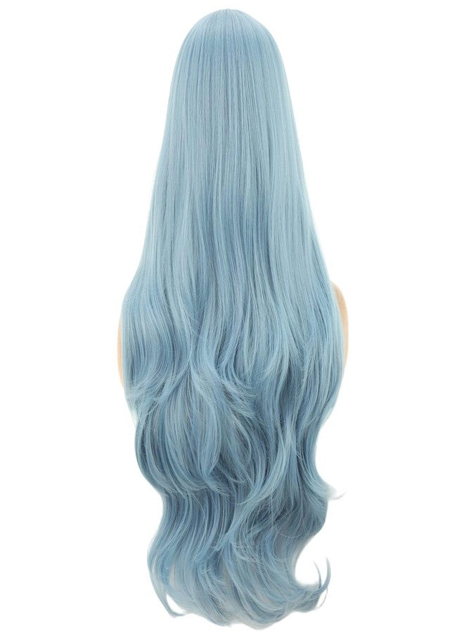 BERON Light Blue Wig with Bangs Long Wavy Wig Light Blue Wavy Wigs for Women Daily Party and Cosplay with Hairnet - Image 4