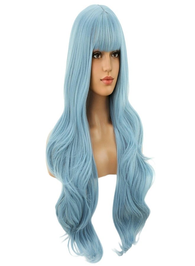 BERON Light Blue Wig with Bangs Long Wavy Wig Light Blue Wavy Wigs for Women Daily Party and Cosplay with Hairnet - Image 2