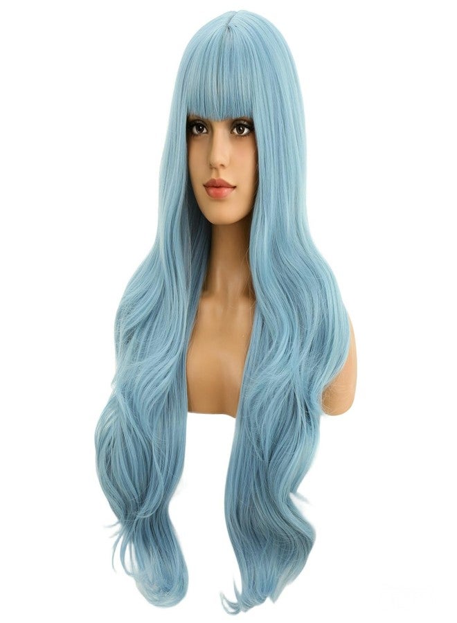 BERON Light Blue Wig with Bangs Long Wavy Wig Light Blue Wavy Wigs for Women Daily Party and Cosplay with Hairnet - Image 3