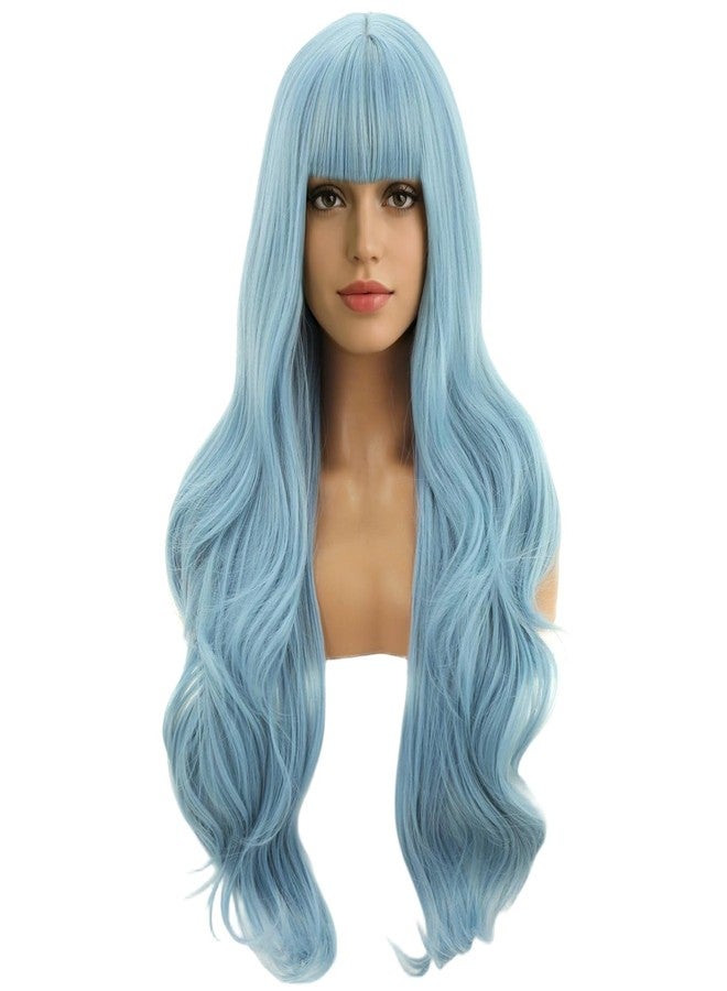 BERON Light Blue Wig with Bangs Long Wavy Wig Light Blue Wavy Wigs for Women Daily Party and Cosplay with Hairnet - Image 1