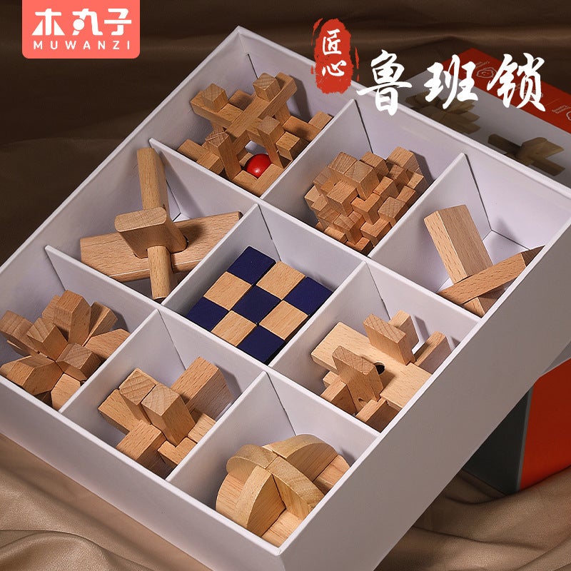 Kongming Lock Luban Lock Suit Intelligence Unlocking Wooden Primary School Students' Hands-On And Brains Educational Toys Nine-Piece Gift Box - Image 2