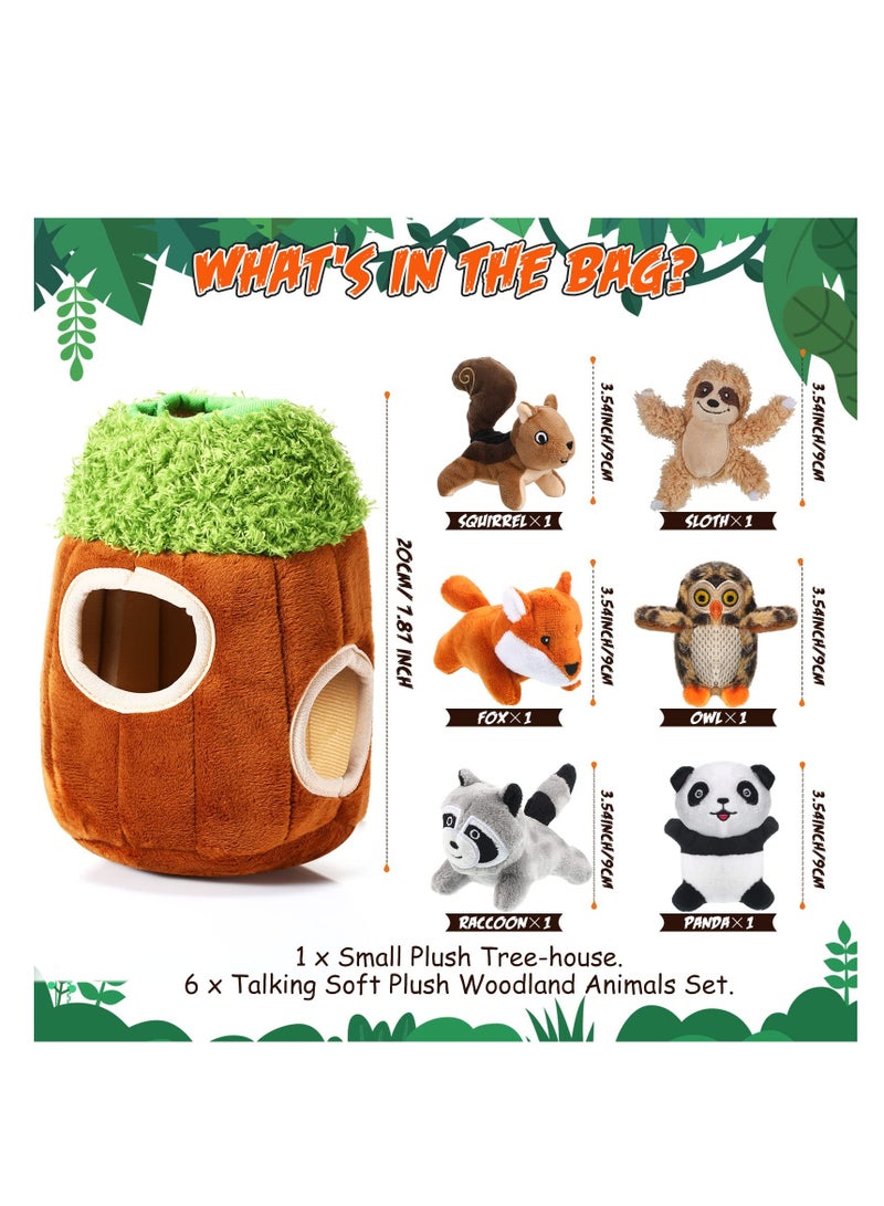 Dog Squeaky Toys, Cute Plush Small Dog Toys, Puppy Chew Toys Squirrel Fox Sloth Owl Panda, Plush Stuffing Woodland Friends Burrow Stuffing for Small Medium Large Dogs 7 Pieces