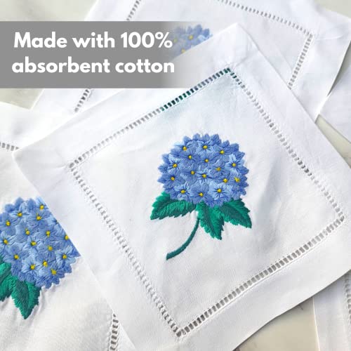 HCRAFT Embroidered White Cocktail Napkins 6"x6" Set of 6 Cloth Napkin Coasters, Hydrangea Embroidered Cocktail Napkins for Christmas Cocktail Napkins Parties, Ladder Hemstitch, Great Present Ideas - Image 3