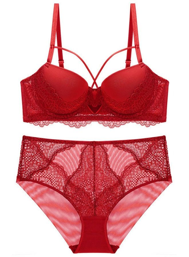 Loquat Solid Color Breathable Lace Bra Panty Set Red 