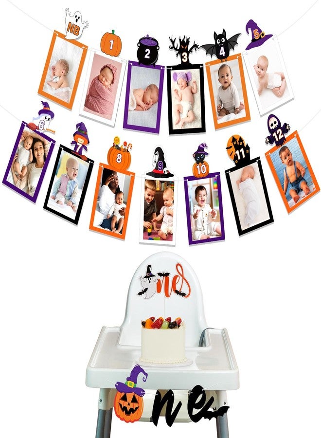 ايباك لافتة صور زينة عيد الميلاد الأول من Epakh لعيد الهالوين للأطفال حديثي الولادة حتى 12 شهرًا، لافتة كرسي مرتفع وغطاء كعكة، نمط شبح ساحرة اليقطين، معلم طفل صغير لزينة عيد ميلاد مخيفة - Image 1