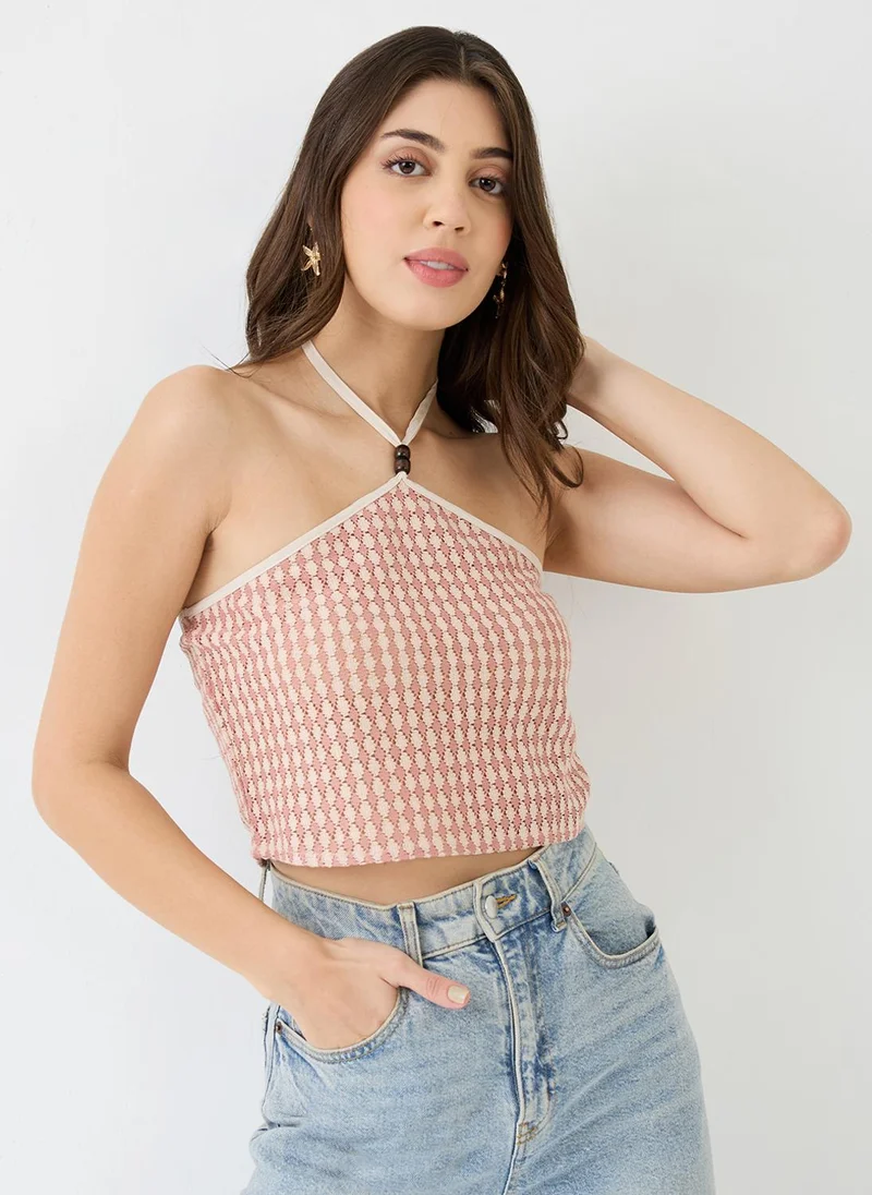globus Globus Women Pink Halter Neck Backless Crochet Crop Top