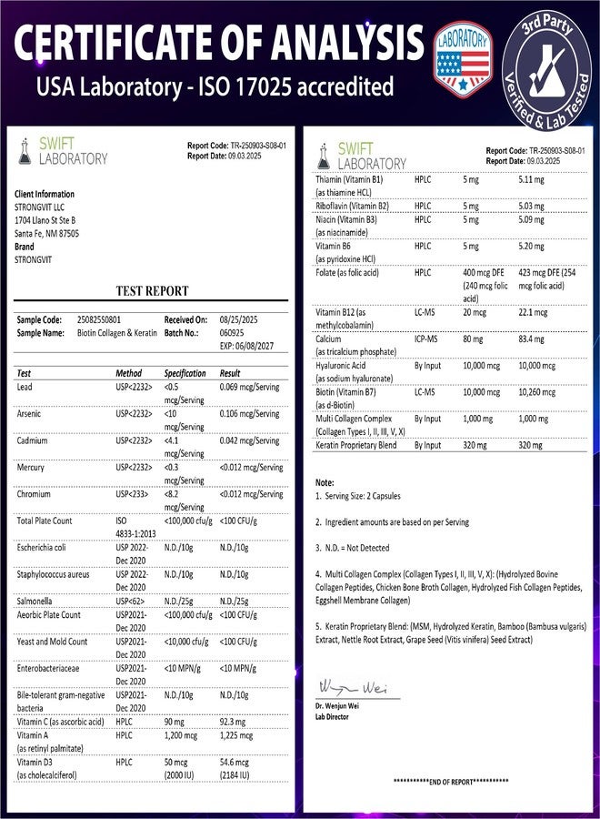 StrongVit مكملات البيوتين مع حمض الهيالورونيك والكيراتين والكولاجين - فيتامينات لنمو الشعر للنساء، ولصحة الأظافر والبشرة، ومركب فيتامينات B1، B2، B3، B6، B7، الولايات المتحدة الأمريكية - Image 4