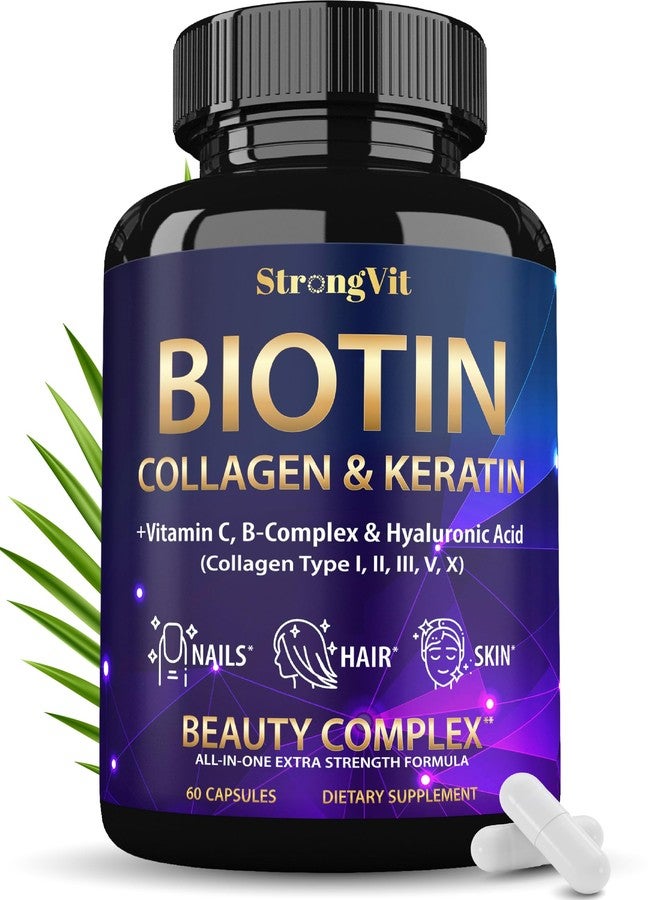 StrongVit مكملات البيوتين مع حمض الهيالورونيك والكيراتين والكولاجين - فيتامينات لنمو الشعر للنساء، ولصحة الأظافر والبشرة، ومركب فيتامينات B1، B2، B3، B6، B7، الولايات المتحدة الأمريكية - Image 1