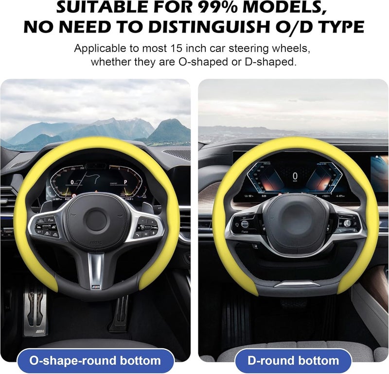frani Leather Steering Wheel Cover, Universal 15 Inch Premium Non-Slip Steering Wheel Cover Yellow - Image 3