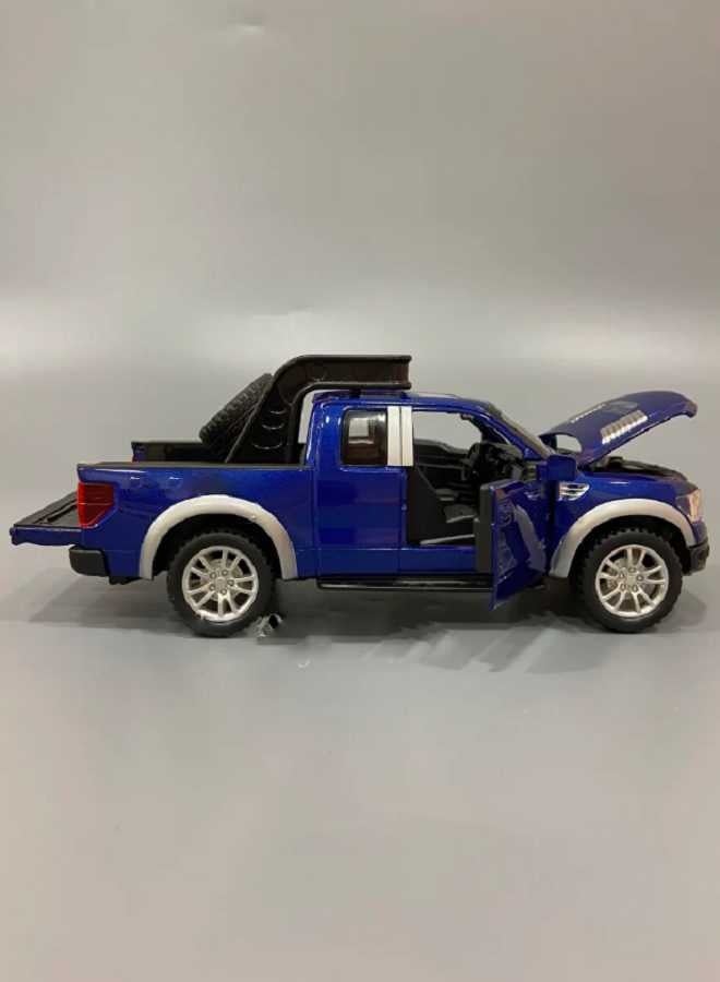 داي كاست نموذج سيارة فورد رابتور F150 شاحنة من سبائك معدنية مصبوبة بمقياس 1/32 مع صوت وإضاءة وأبواب مفتوحة وسحب للخلف (أزرق، بدون صندوق) - Image 2