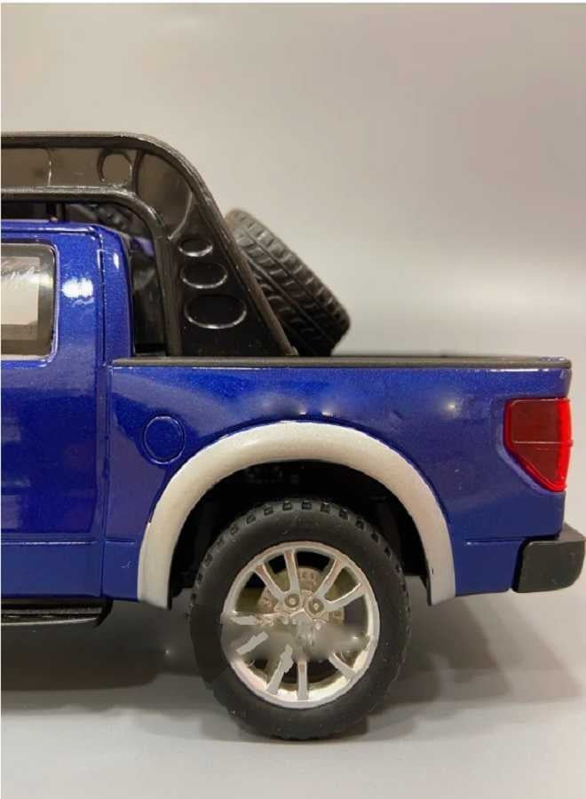 داي كاست نموذج سيارة فورد رابتور F150 شاحنة من سبائك معدنية مصبوبة بمقياس 1/32 مع صوت وإضاءة وأبواب مفتوحة وسحب للخلف (أزرق، بدون صندوق) - Image 3