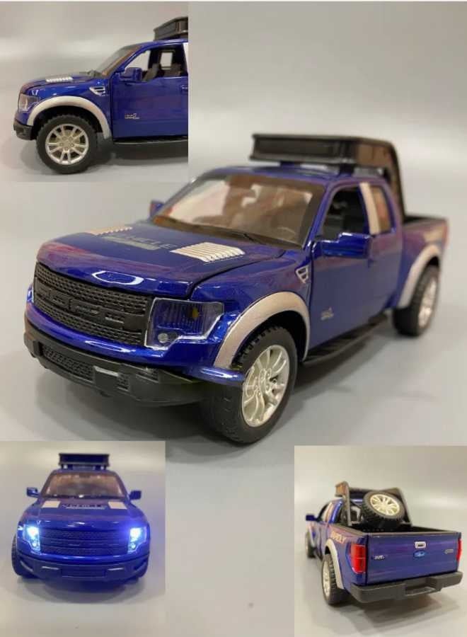 داي كاست نموذج سيارة فورد رابتور F150 شاحنة من سبائك معدنية مصبوبة بمقياس 1/32 مع صوت وإضاءة وأبواب مفتوحة وسحب للخلف (أزرق، بدون صندوق) - Image 1