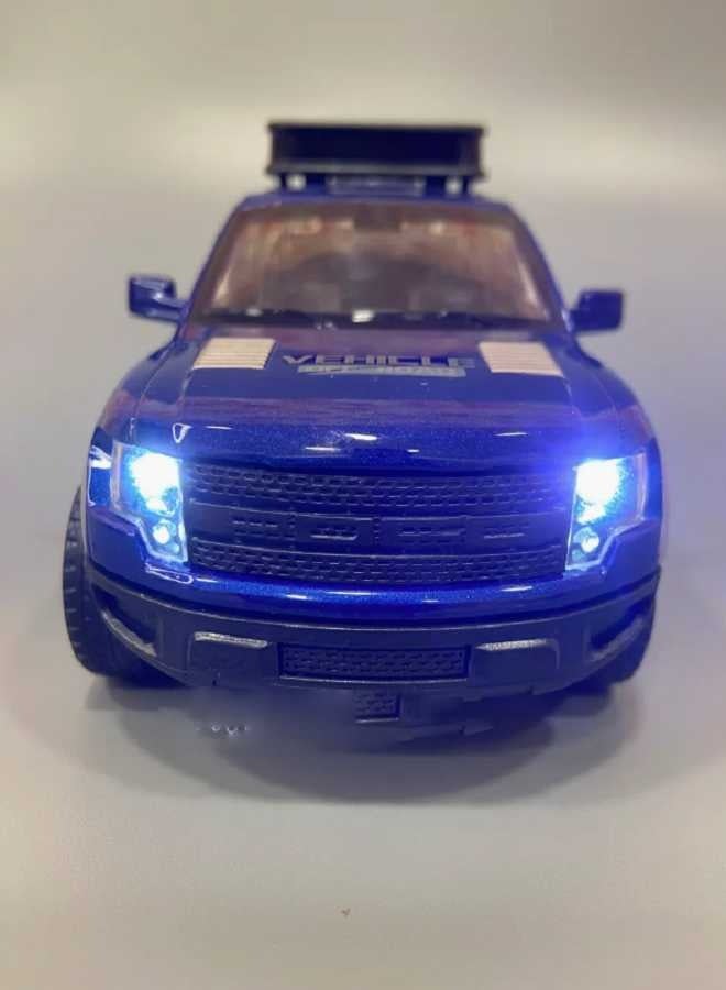 داي كاست نموذج سيارة فورد رابتور F150 شاحنة من سبائك معدنية مصبوبة بمقياس 1/32 مع صوت وإضاءة وأبواب مفتوحة وسحب للخلف (أزرق، بدون صندوق) - Image 4