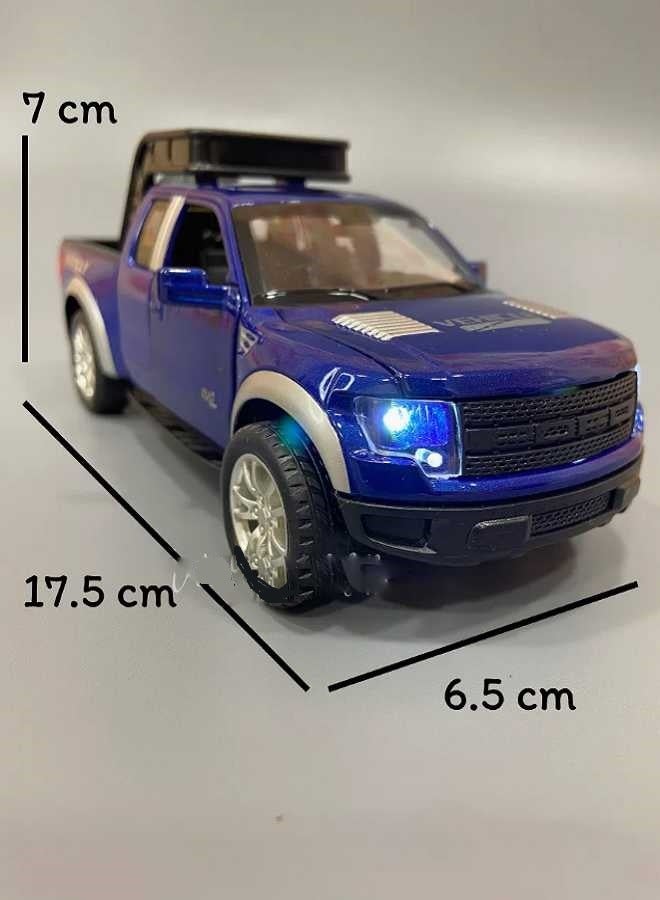 داي كاست نموذج سيارة فورد رابتور F150 شاحنة من سبائك معدنية مصبوبة بمقياس 1/32 مع صوت وإضاءة وأبواب مفتوحة وسحب للخلف (أزرق، بدون صندوق) - Image 5