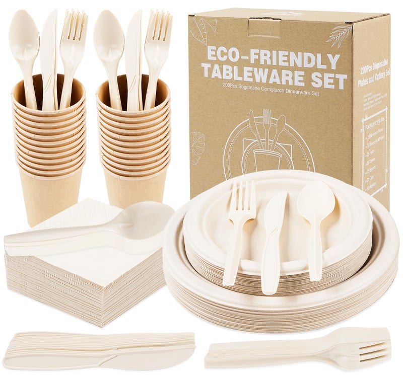 Anstore 200 Pcs Paper Plates Cups and Cutlery Set Disposable Tableware Set Light Brown Round Matte Perfect for Parties Weddings and Everyday Use