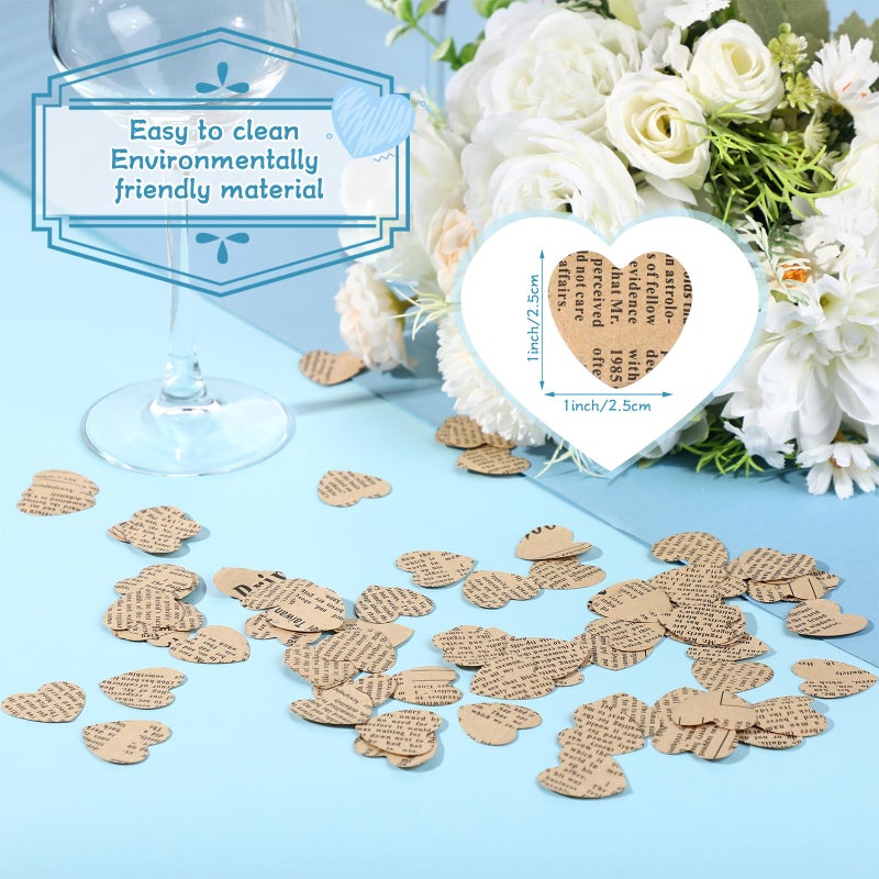 Marspark 1200 Pcs Book Page Heart Confetti 1 Inch Vintage Newspaper Wedding Table Confetti Novelty Party Decorations for Book Themed Party Decor Birthday Photo Prop Bridal Shower(Khaki) - Image 2