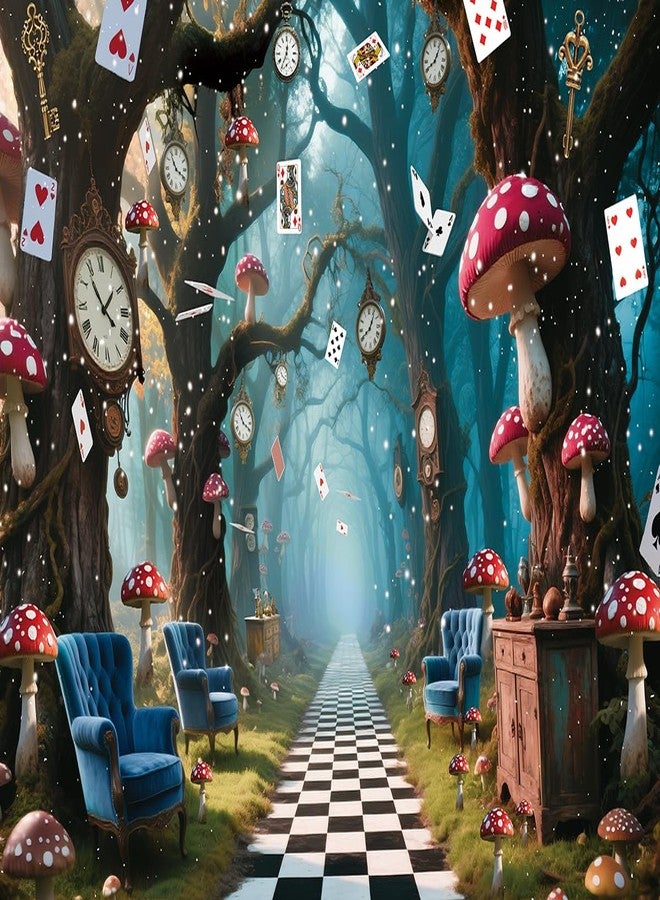 Cenven Halloween Enchanted Forest Backdrop Wonderland Tea Party Checkerboard Mushroom Photography Background Kids Birthday Baby Shower Halloween Family Party Banner Decorations 7x5FT - Image 2