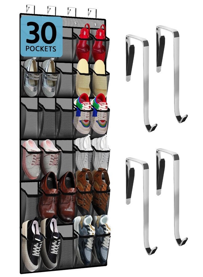 PAULONE Over the Door Organizer with 30 Large Pockets, 3 Sizes of Closet Hangers, Holds up to 69 lbs, Hanging Organizer with Clear Window for Children's Toys, Shoes, Diapers (Gray) - Image 1