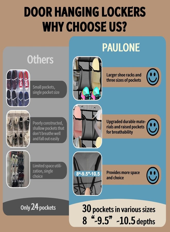 PAULONE Over the Door Organizer with 30 Large Pockets, 3 Sizes of Closet Hangers, Holds up to 69 lbs, Hanging Organizer with Clear Window for Children's Toys, Shoes, Diapers (Gray) - Image 5