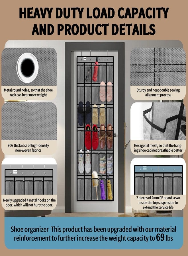 PAULONE Over the Door Organizer with 30 Large Pockets, 3 Sizes of Closet Hangers, Holds up to 69 lbs, Hanging Organizer with Clear Window for Children's Toys, Shoes, Diapers (Gray) - Image 3