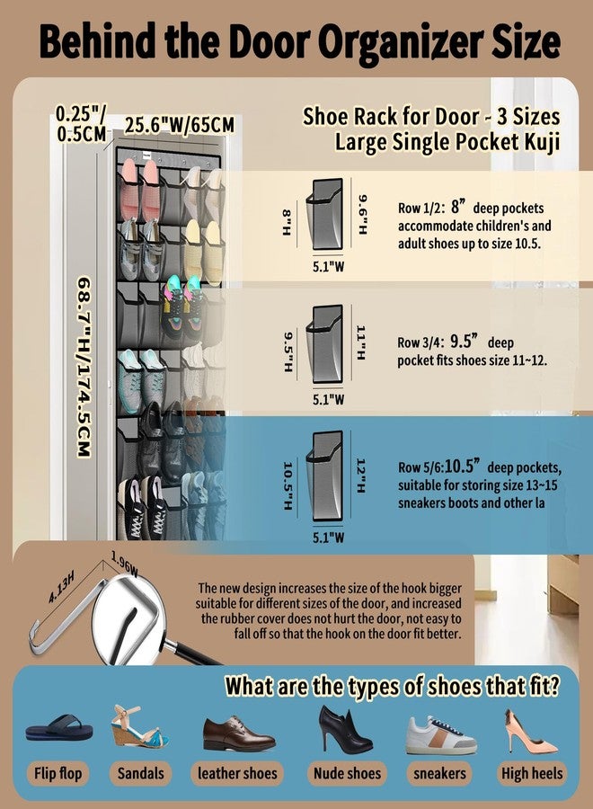 PAULONE Over the Door Organizer with 30 Large Pockets, 3 Sizes of Closet Hangers, Holds up to 69 lbs, Hanging Organizer with Clear Window for Children's Toys, Shoes, Diapers (Gray) - Image 2