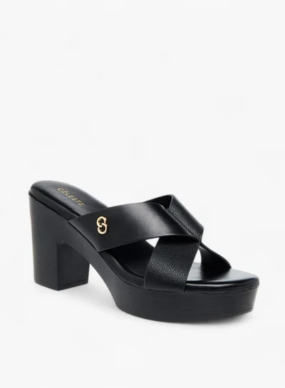 Celeste Womens Logo Accent Slip-On Cross Strap Sandals With Block Heels