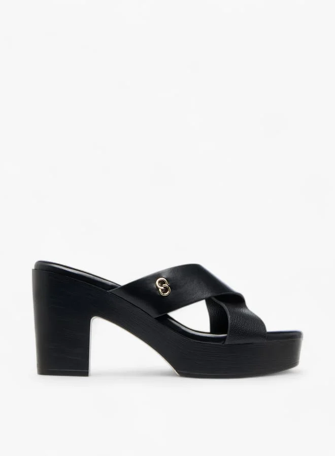 Celeste Womens Logo Accent Slip-On Cross Strap Sandals With Block Heels