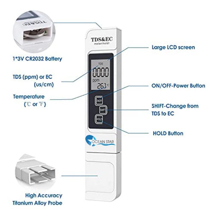 OCEAN STAR TECHNOLOGIES Digital 3-In-1 Water Tds Ec And Temperature Meter - Purity Tester With Atc Function, 1Ppm Resolution, 0-9990 Ppm Measurement Range (Black) - Image 2