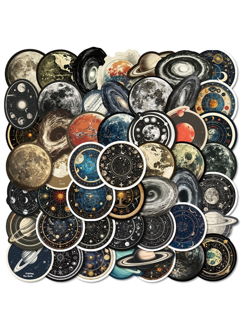 YALONG مجموعة من 50 قطعة من ملصقات السماوية، ملصقات كوكب القمر والفضاء وعلم الفلك لدفتر القصاصات والمجلات والمستلزمات والمخططات والحقائب المحمولة والديكور المنزلي، ملصقات المجرة الكونية المقاومة للماء للطلاب والبالغين - Image 1