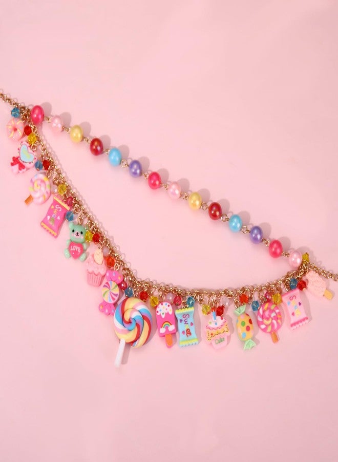 HSWE Candy Layered Necklaces for Women Novelty Colorful Beads Lollipop Sweet Candy Bear Ice Cream Dessert Cake Pendant Choker Necklace for Birthday Halloween Holiday Party Jewelry Gift - Image 4