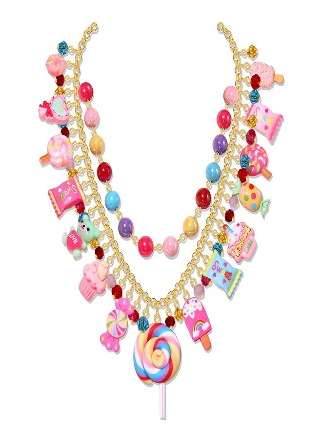 HSWE Candy Layered Necklaces for Women Novelty Colorful Beads Lollipop Sweet Candy Bear Ice Cream Dessert Cake Pendant Choker Necklace for Birthday Halloween Holiday Party Jewelry Gift - Image 1