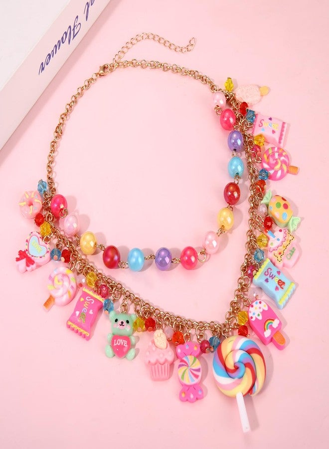HSWE Candy Layered Necklaces for Women Novelty Colorful Beads Lollipop Sweet Candy Bear Ice Cream Dessert Cake Pendant Choker Necklace for Birthday Halloween Holiday Party Jewelry Gift - Image 3